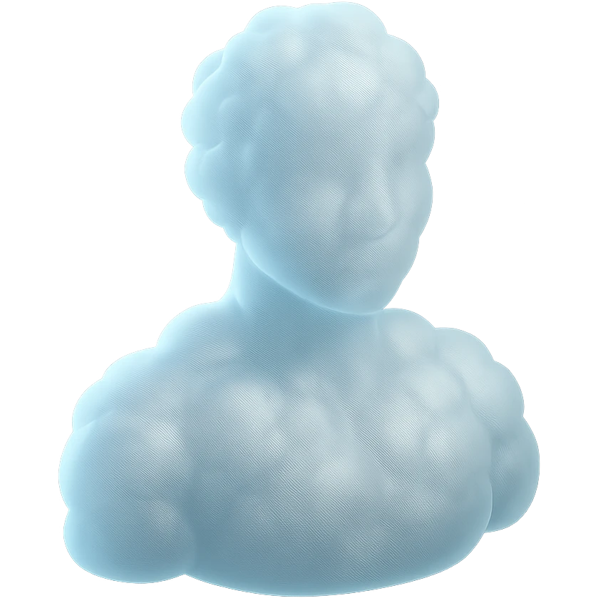 person made entirely of pure white puffy clouds, shoulders up, front view, matte glass style emoji
