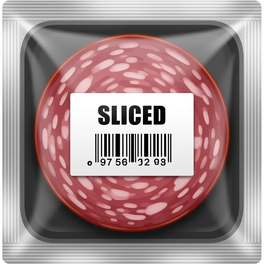 A package of pre-sliced salami in vacuum-sealed clear plastic, centered on a solid matte black background. Minimalist white sticker label with bold black sans-serif text and a barcode. Clean, flat lay aesthetic with studio lighting and high-end grocery branding emoji