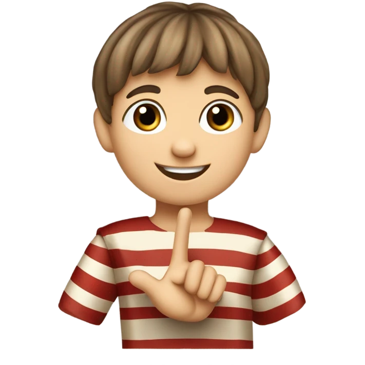 11th century european happy child with horizontal red stripes tunic making a "V" with his fingers emoji