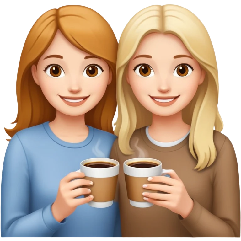 Two girls smiling, holding one coffee cup together emoji