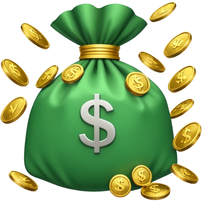 

3D emoji style, big bag of money, flying dollar bills, rich casino vibe, smooth lighting, high detail, clean edges, transparent background



 emoji