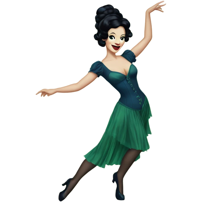 Burlesque dancer with black hair, pale skin, and green eyes in a dark blue vintage costume dancing emoji