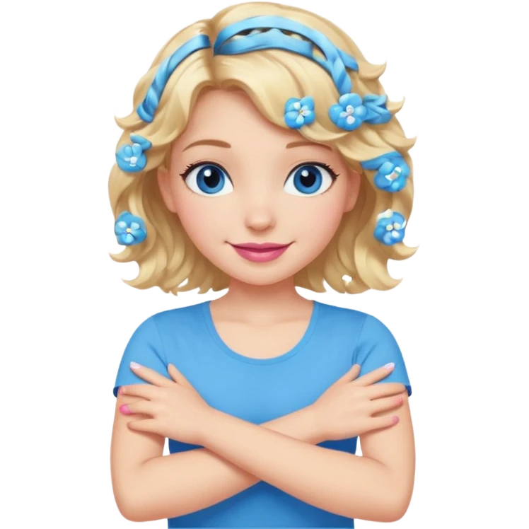 Girl Blonde short wavy hair,  blue eyes, cute blue top, long lashes, pink lips, smiling, making cross arms with arms  emoji