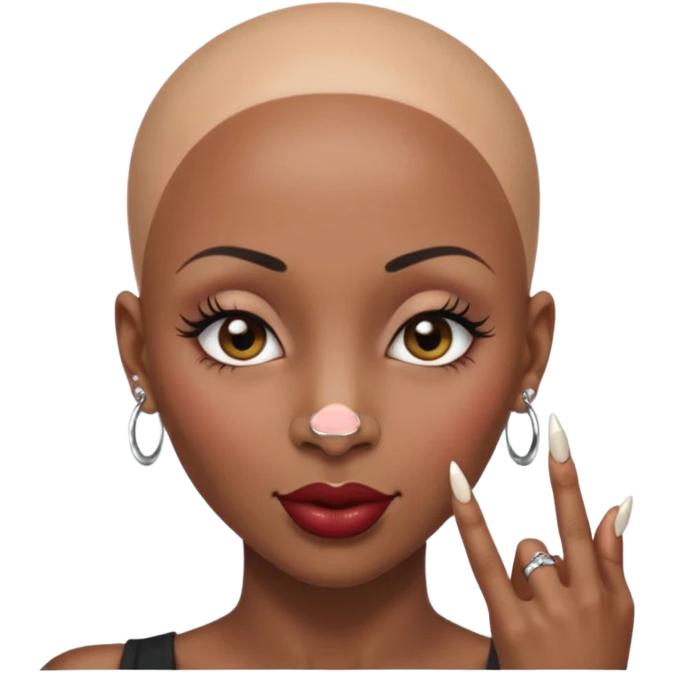 Grown black (proud) woman, bald with a perfect head, a prominent nose with a septum piercing, many piercings on her ears, a gap between her front teeth and very long nails (cynthia erivo) a proud lesbian, with long lashes and her finger tapping her head emoji