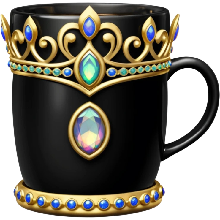 Hyperrealism, jet black coffee mug with detailed sparkly gold with black opal gemstones of a tiara embellishment, isolated, still life, 600dpi emoji