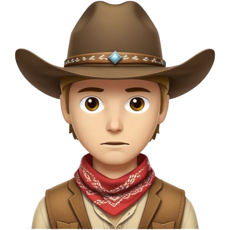 Clash of Clans aesthetic friendly Cowboy Portrait Emoji, With a rugged yet stylized build wearing a classic wide-brimmed hat and bandana, his face rendered in a natural skin tone (not yellow), determined eyes and a steely gaze, Simplified yet dynamic features, highly detailed, glowing with a warm, sunlit frontier radiance, high shine, brave and spirited, stylized with an air of Wild West heroism, focused and ready, soft glowing outline, capturing the essence of a fearless cowboy adventurer ready to ride into epic quests! emoji