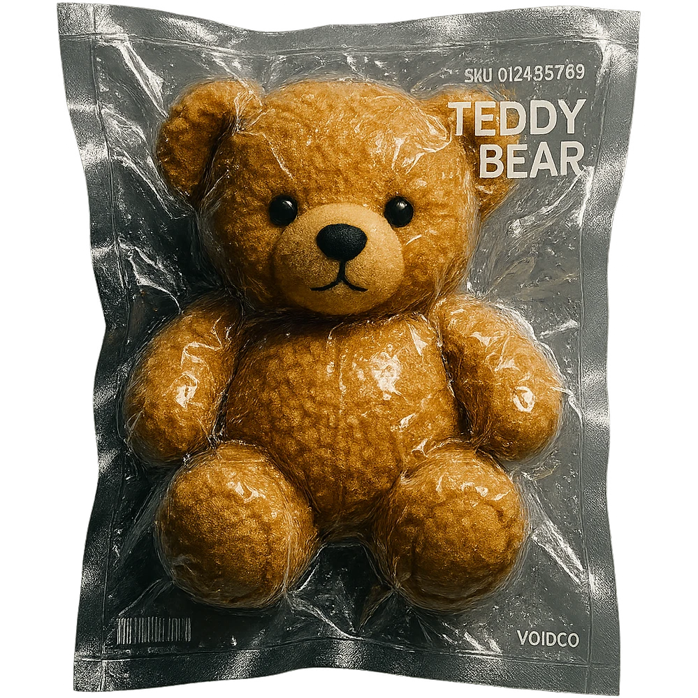 vacuum-sealed teddy bear, squished and shiny emoji
