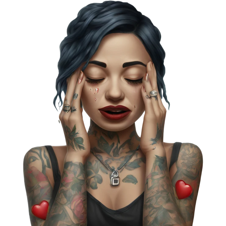Hyper Realistic Beautiful tattooed woman crying holding a broken heart emoji
