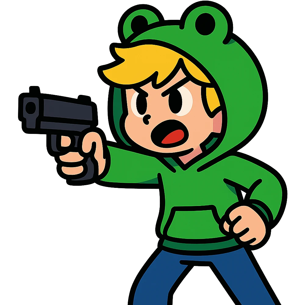 animated boy with blonde hair wearing a frog hoodie, pointing a gun forward, vibrant toon style emoji