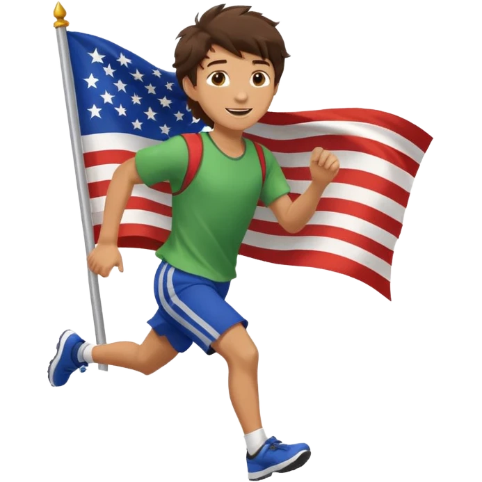 A teen boy with messy brunette hair, running with a fluttering flag behind him. emoji