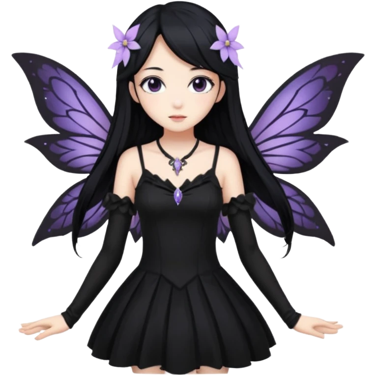 Gothic anime fairy with long beautiful black hair and black dress, pastelcore, emoji