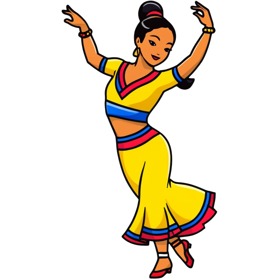Colombian salsa dancer with vibrant traditional outfit, energetic pose, colorful flowing dress emoji