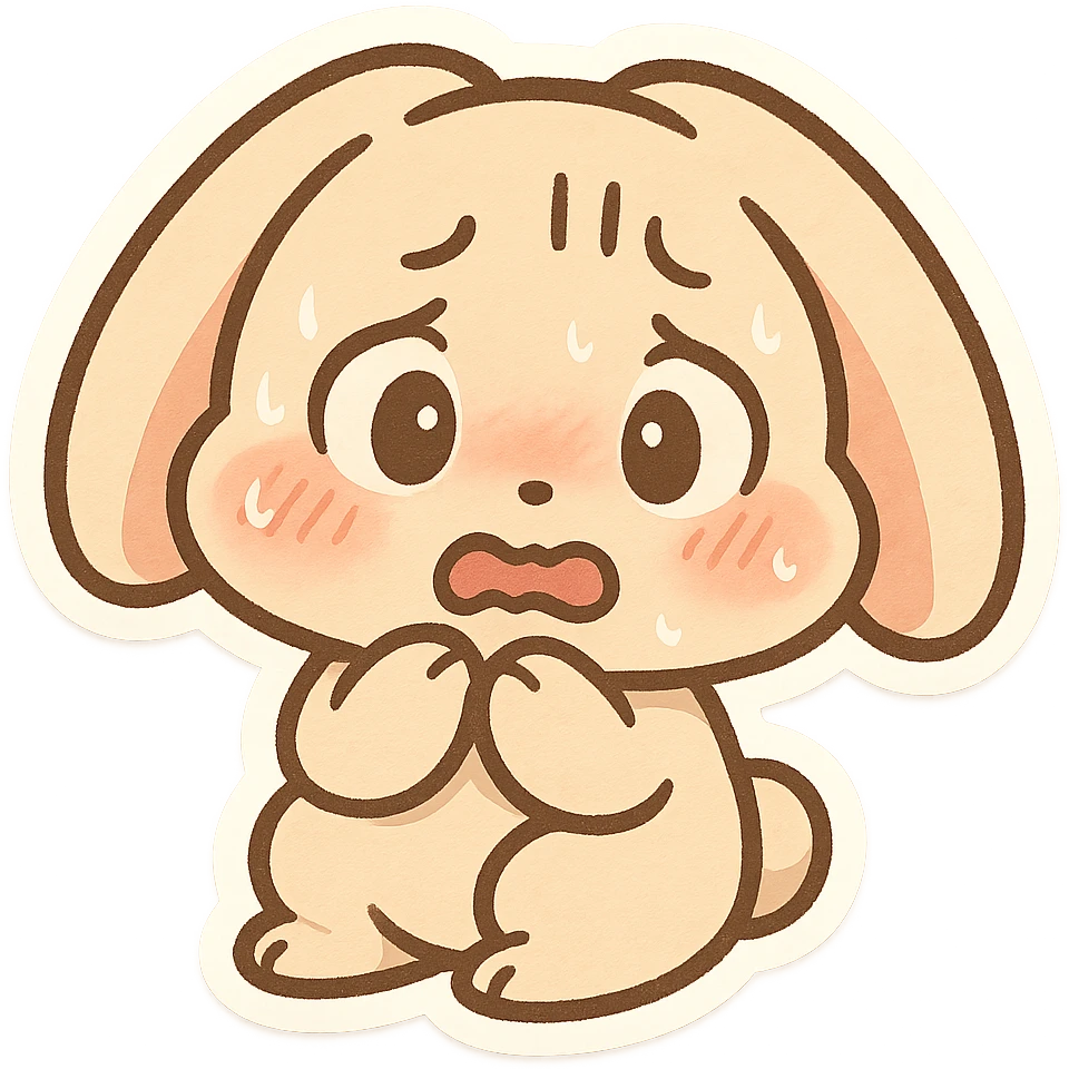 chibi bunny looking scared, ears down, blushing, simple background emoji