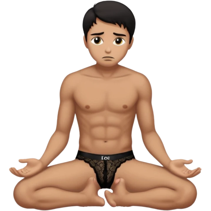 Submissive man on knees begging wearing female underwear with dark hair emoji
