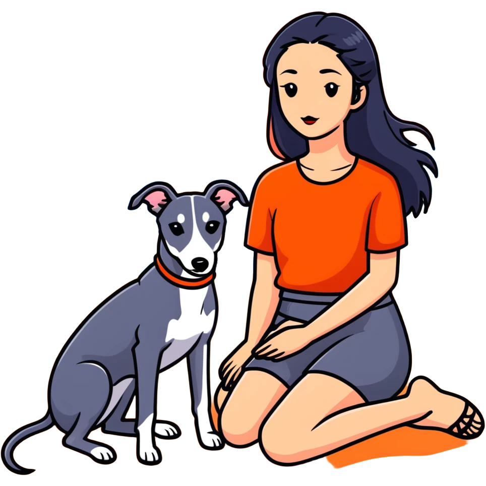 A very beautiful and attractive 25-year-old Chinese woman with long flowing black hair and a SOLID DARK GREY whippet sitting together on a beach during a beautiful sunset. The whippet MUST be COMPLETELY SOLID DARK GREY with ABSOLUTELY NO WHITE MARKINGS ANYWHERE - no white chest, no white face, no white paws, no white tip on tail - ENTIRELY ONE SOLID DARK GREY COLOR throughout the entire dog. Orange and red sunset sky over the ocean, sandy beach in the foreground. emoji