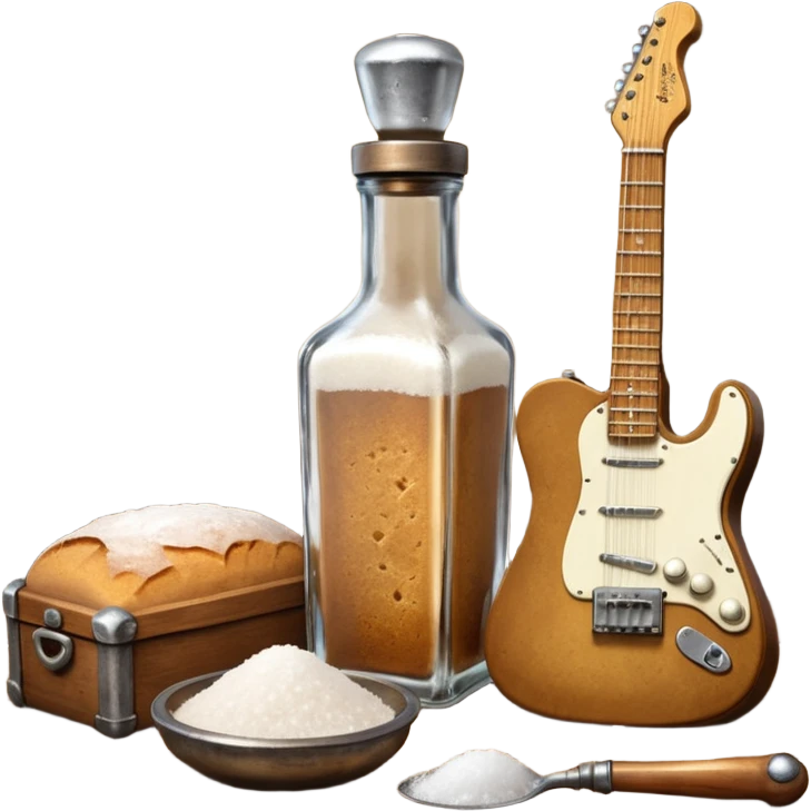 cinematic ultra HD steampunk victorian - a bottle of salt (salt shaker) and a loaf of peasant bread with a small electric telecaster guitar - still life composition emoji