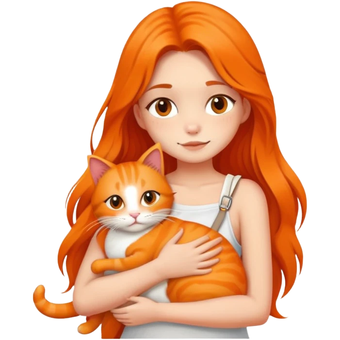 Fair skin girl with long hair - white sling - hugging a orange cat emoji