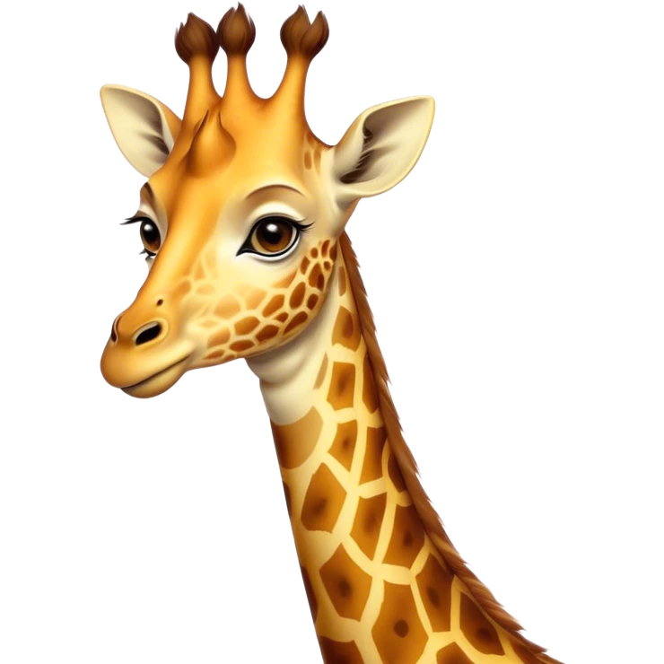 Cinematic Noble Giraffe Portrait Emoji, Poised and regal, with a towering, elegant build and a stunning, patterned Fur of warm yellows and browns, long, graceful neck and soulful, gentle eyes, Simplified yet sharp and sophisticated features, highly detailed, glowing with a soft, dignified glow, high shine, intelligent and graceful, stylized with an air of savannah majesty, focused and attentive, soft glowing outline, capturing the essence of a watchful and confident giant, so majestic it feels as though it could stretch out of the screen with effortless authority! emoji