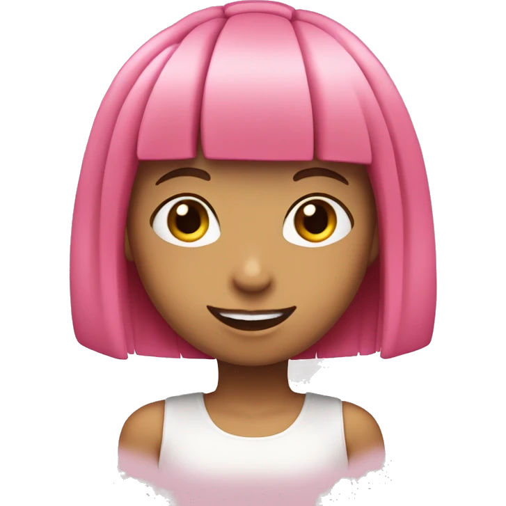girl with bob cut pink hair and fringe with pink eyes and happy smile emoji