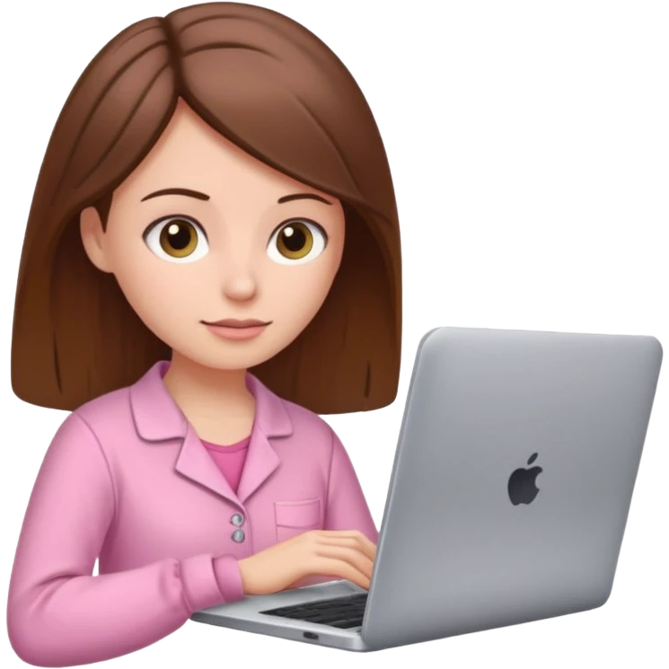 A brown hair, white skin woman at home with pink pajamas scrolling, with a laptop open to a work document emoji