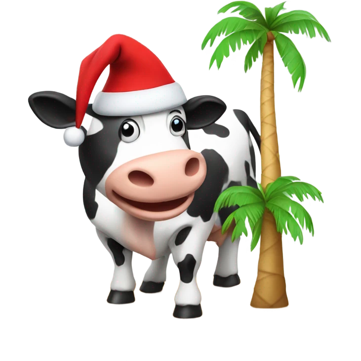 a cow riding a palm tree in a santa hat emoji