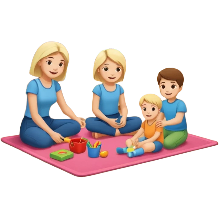 create a flat illustration of a children's room where the mother is sitting on the floor and two children are playing nearby emoji