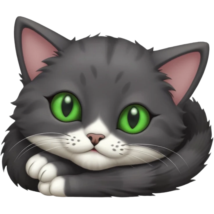 solid dark grey cat with green eyes, completely solid grey face, white toes/paws playfully rolling upside down emoji