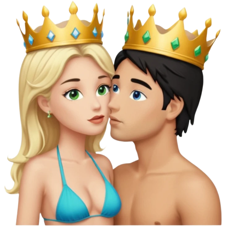 Blonde Queen with crownGreen eyes in Bikini kissing Male subject without crown black hair blue eyes Background sky emoji