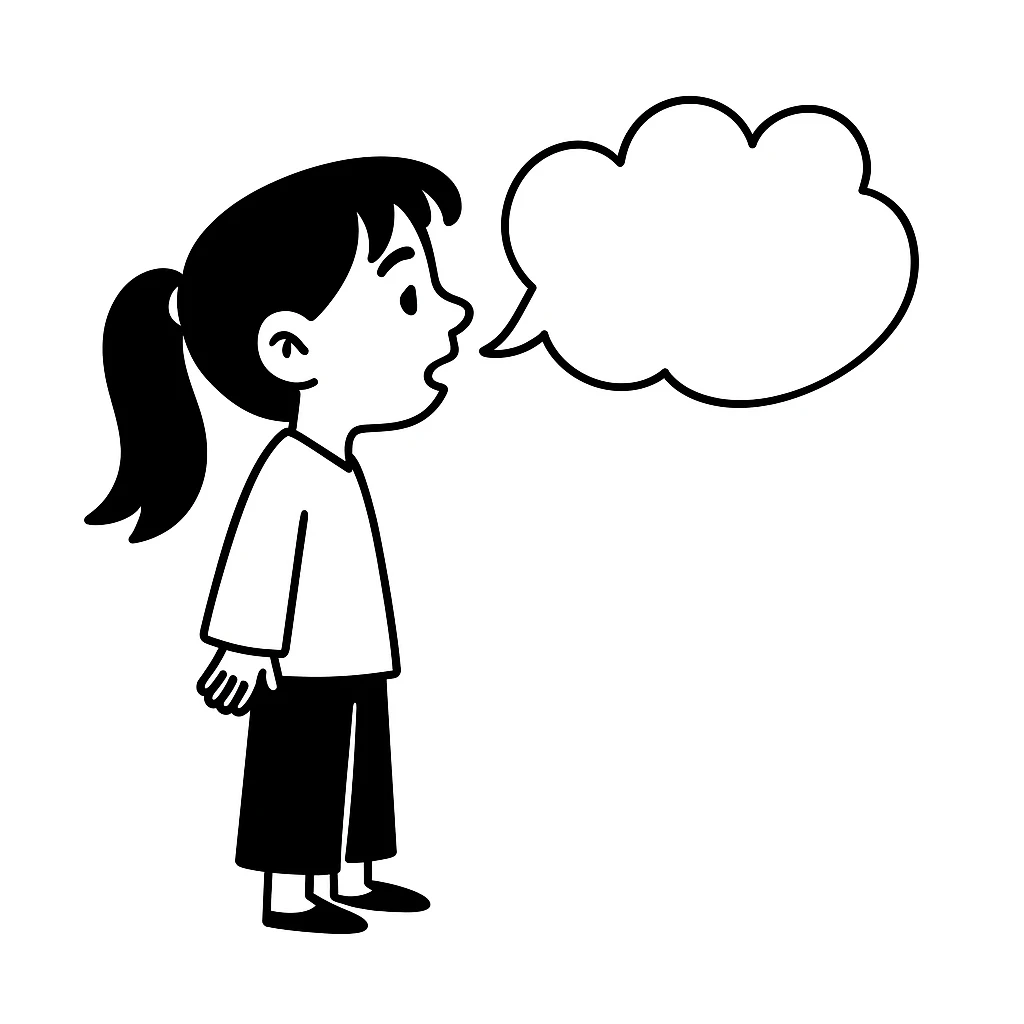 Asian girl profile, left side, talking, with a different hairstyle, in the style of doodle emoji