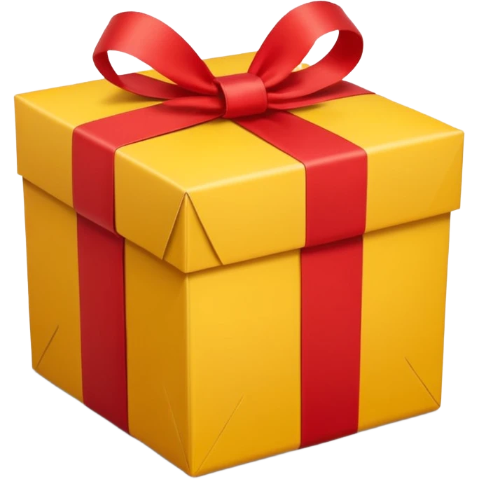 box with yellow wrapping paper and a length of red ribbon surrounding it on the ground so you can see most of the box emoji