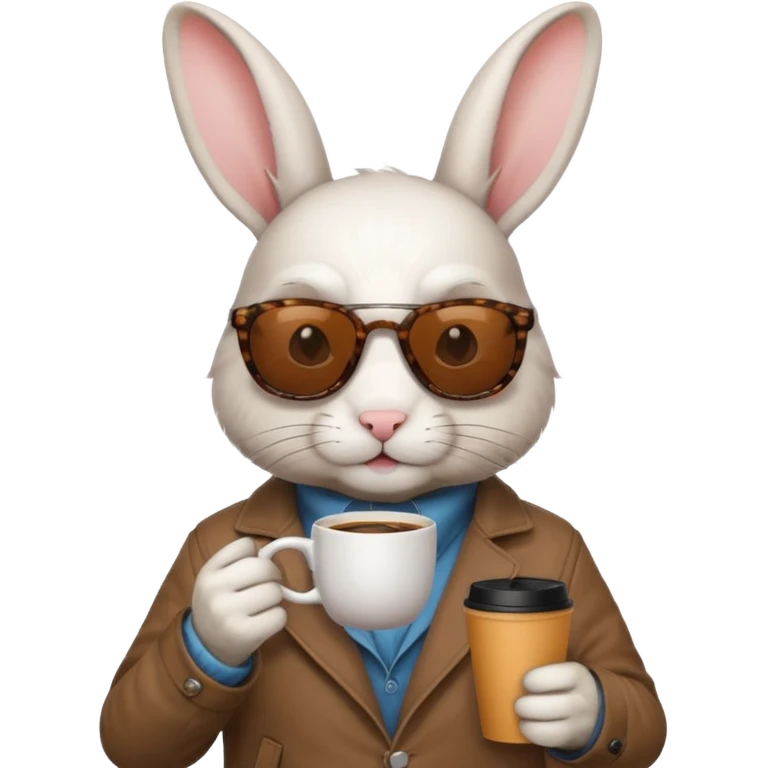 White rabbit, wearing brown jacket, sunglasses, holding coffee mug emoji