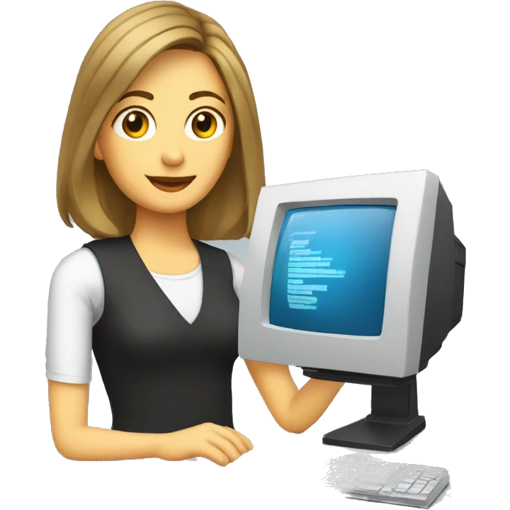 woman with dark blonde shoulder length hair holding a computer with Powerpoint on the screen of the computer emoji