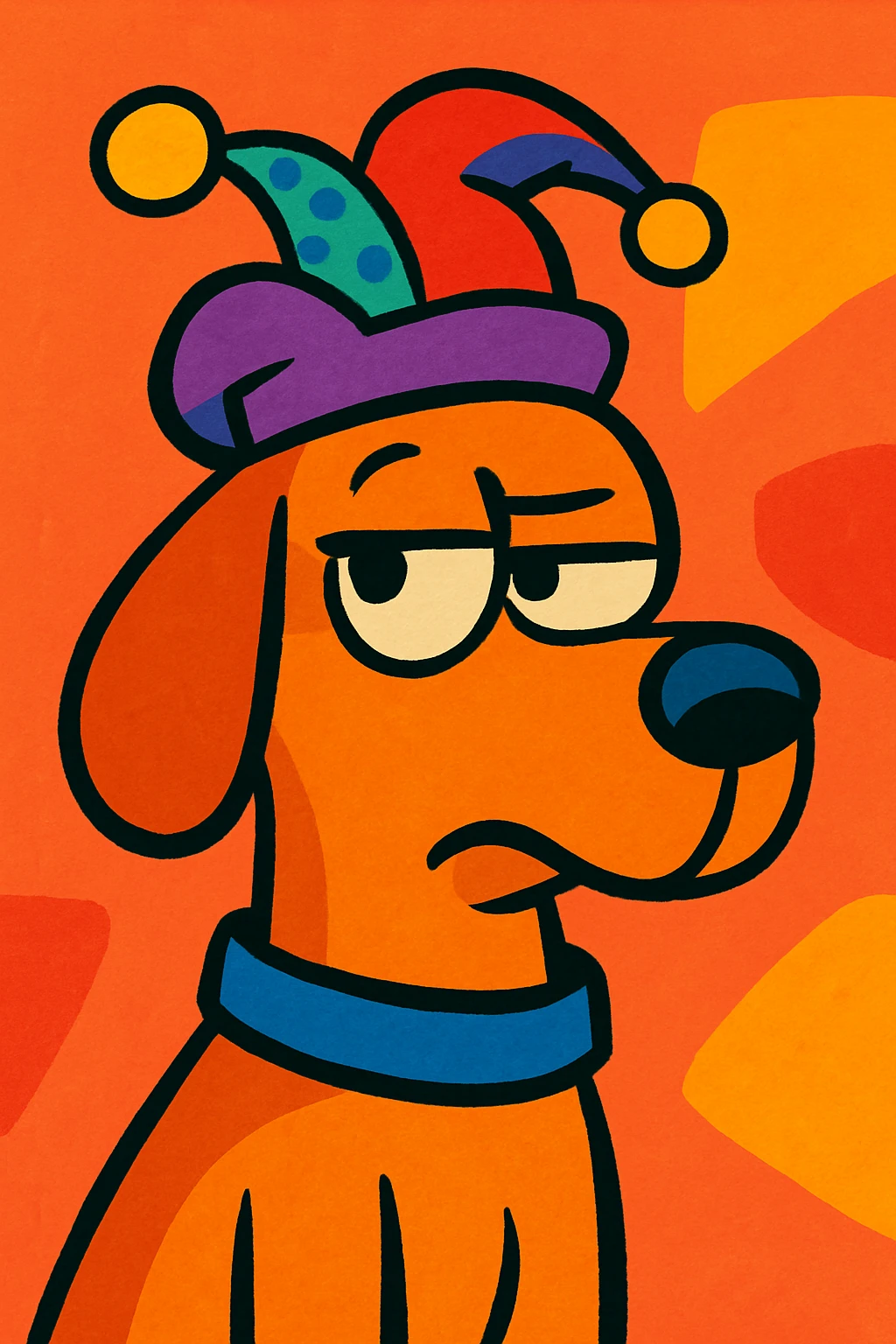 a dog giving a side eye, wearing a funny hat, playful and expressive style, vibrant colors, cartoon illustration emoji