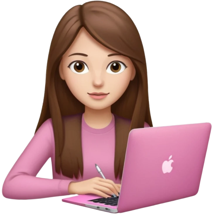 Mujer lacia peli larga y peli larga  en una MacBook rosa investigando y haciendo tareas con un libro de apuntes y con cara muy linda como modelo emoji