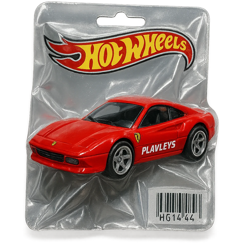 red Ferrari with 'PLAVLEYS' text on the side, packaged in a Hot Wheels blister pack, shiny and inflated, no background emoji