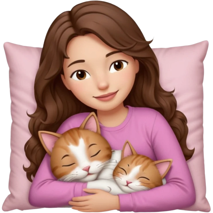 girl with wavy long brown hair, brown eyes, light to medium complexion, long lashes, light pink lipstick, smiling, wearing light pink shirt, sleeping on a cozy pillow, cuddling a cat  emoji