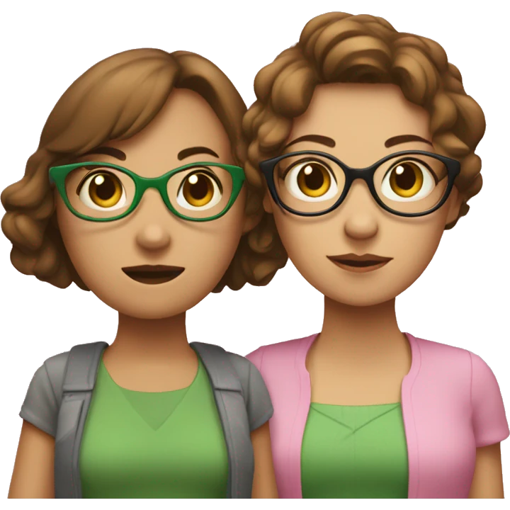 two women with short brown hair, holding hands, one woman is wearing glasses and wearing green, the other woman is wearing pink emoji