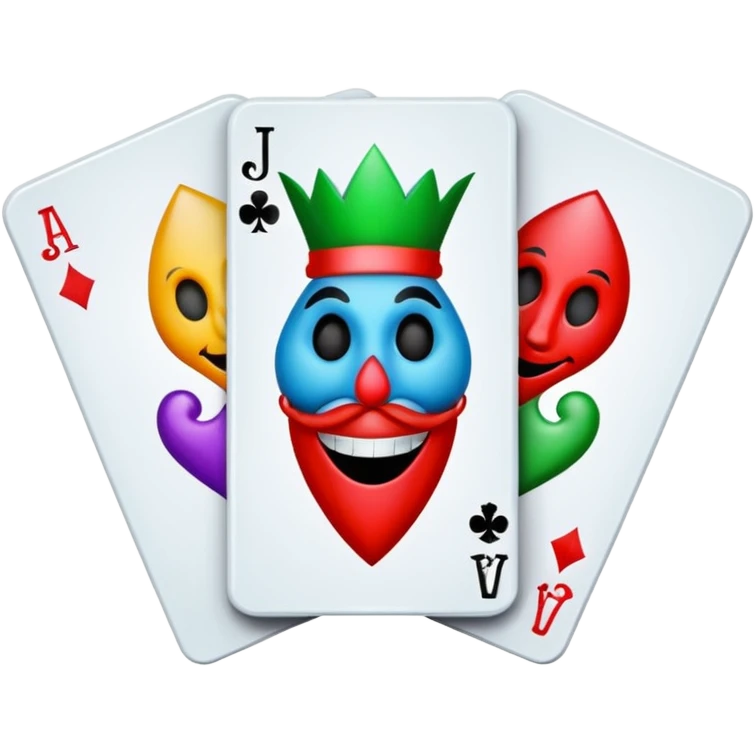 bunch of 3 poker cards, with crazy colorful jolly jokers inside, inversed face emoji