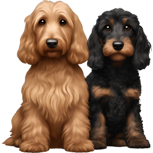 Brown goldendoodle medium size and black and tan and cream longhair dachshund sitting together  emoji
