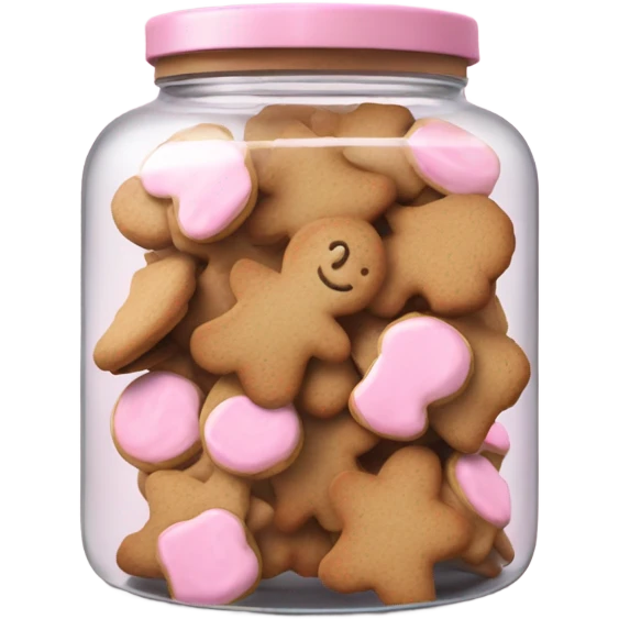 Realistic glass cookie jar with light pink lid full of gingerbread cookies isolated.  emoji