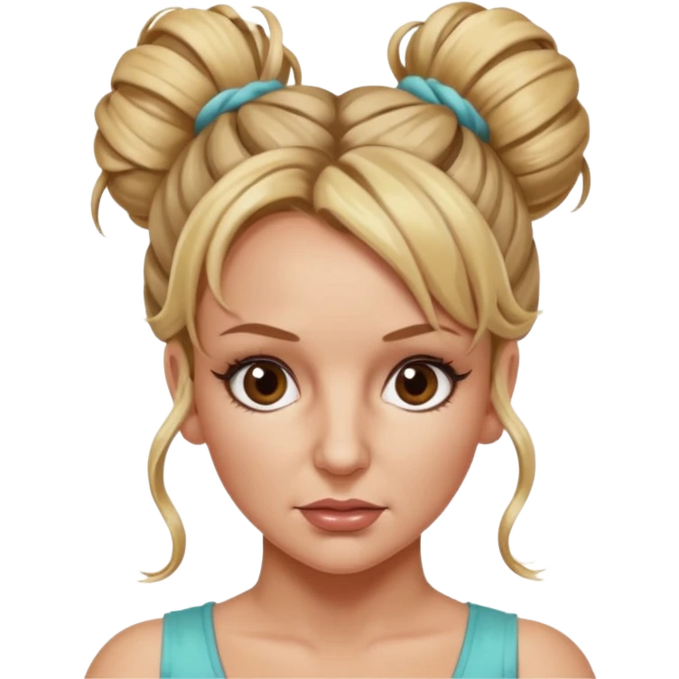 Britney Spears with big dead pan brown eyes and messy bun updo with lots of hairs hanging out. Headshot. emoji