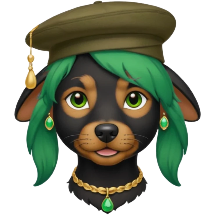green haired black dog with earring and hat emoji