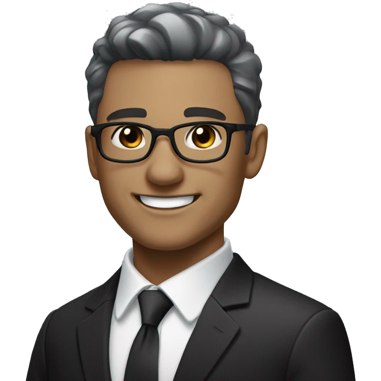 Portrait of an adult smiling man, fair skin, very short black-gray ombre hair, black eyes, wearing a black office suit and a white collared shirt underneath. emoji