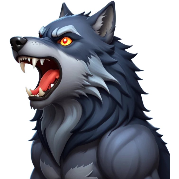 cinematic-noble-fierce-werewolf-howling-portrait-emoji, poised-and-imposing, with a fierce wolfish face tilted upwards in a haunting howl, glowing eyes full of primal ferocity, sharp, and a rugged snout, fur rippling in shades of midnight black and silver, muscles tensed as the powerful howl echoes beneath the moonlit sky; rendered with realism, capturing the raw, untamed power of the beast in its wild, primal state emoji