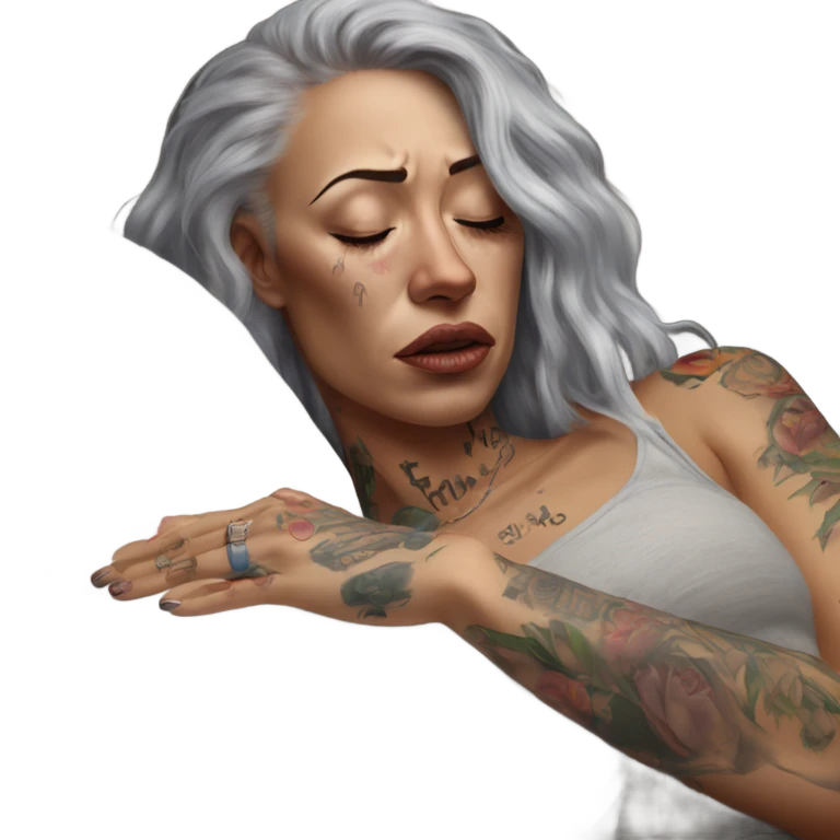 Hyper Realistic Beautiful tattooed woman crying holding a tissue lying on her sofa  emoji