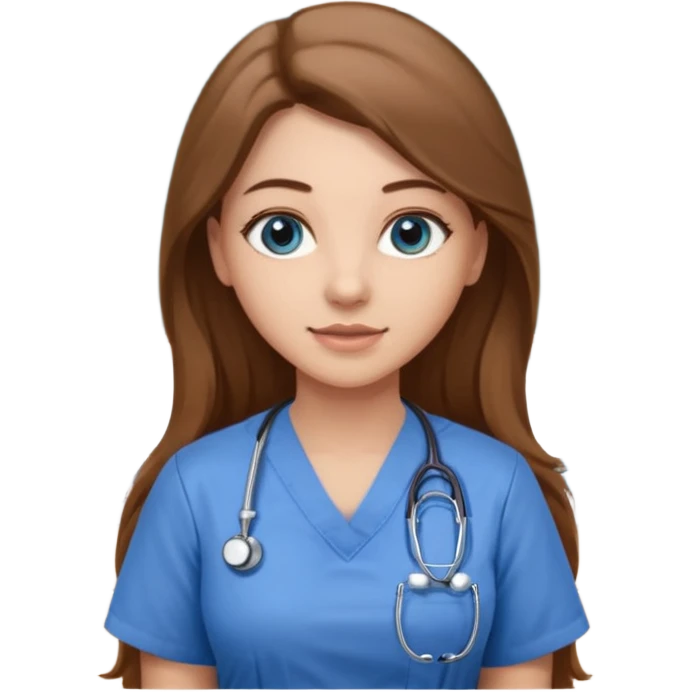 inside a classroom at university that says nursing school on the board with a pretty female nursing student with long brown hair, blue eyes emoji