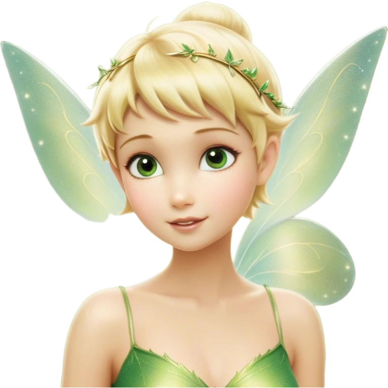Cinematic Realistic Blonde Tinker Bell Fairy Portrait, depicted with lifelike, delicate skin glowing with a subtle radiant aura, soft natural lighting accentuating her gentle features, and intricately detailed golden blonde hair styled in a whimsical pixie cut. Her iridescent, translucent wings shimmer with delicate fairy dust, and her expressive, sparkling eyes reflect a world of magic. Adorned in a subtle blend of woodland greens and soft pastel accents, the portrait exudes an enchanting glow that seamlessly merges realism with fairy charm. emoji