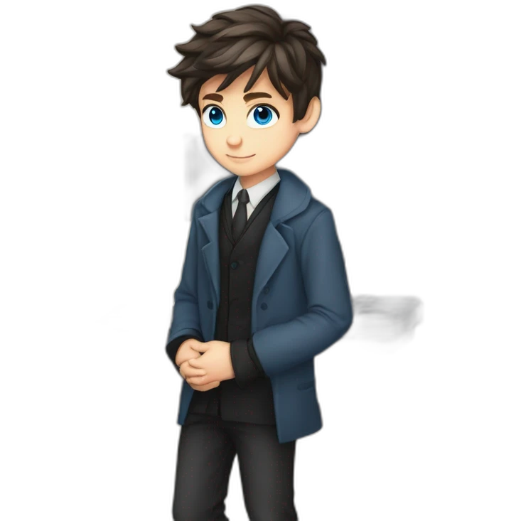 Blue eyes, Classy programmer, 13 years old, coat, formal outfit, pc in hands, brunette boy, uses pc stays on pc, black coat, has pc in hands, all body see emoji