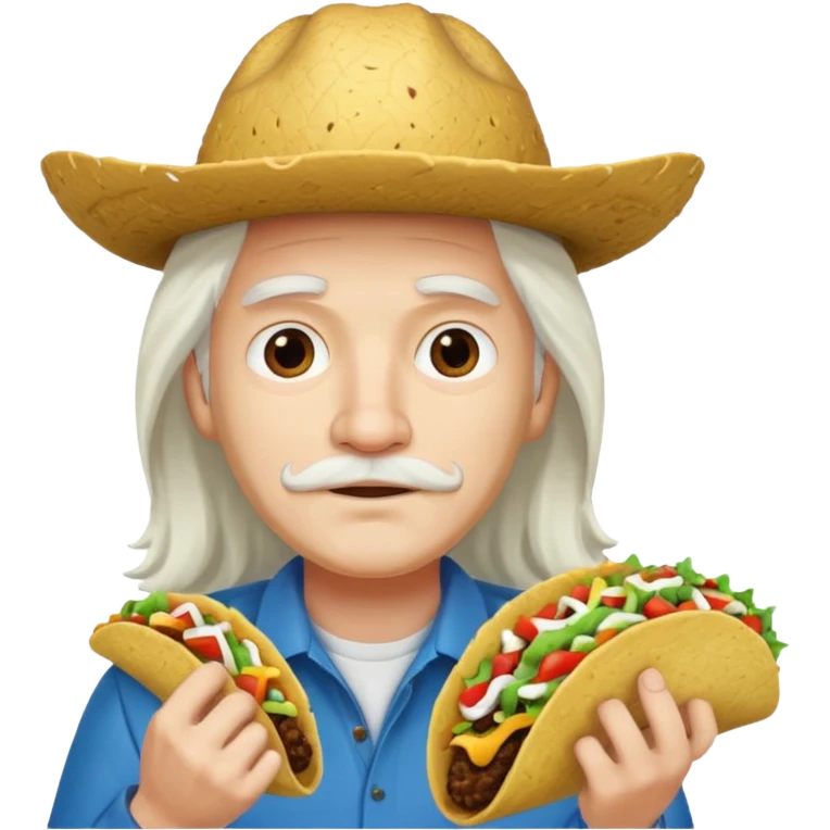 man holding taco with long white hair and cap emoji
