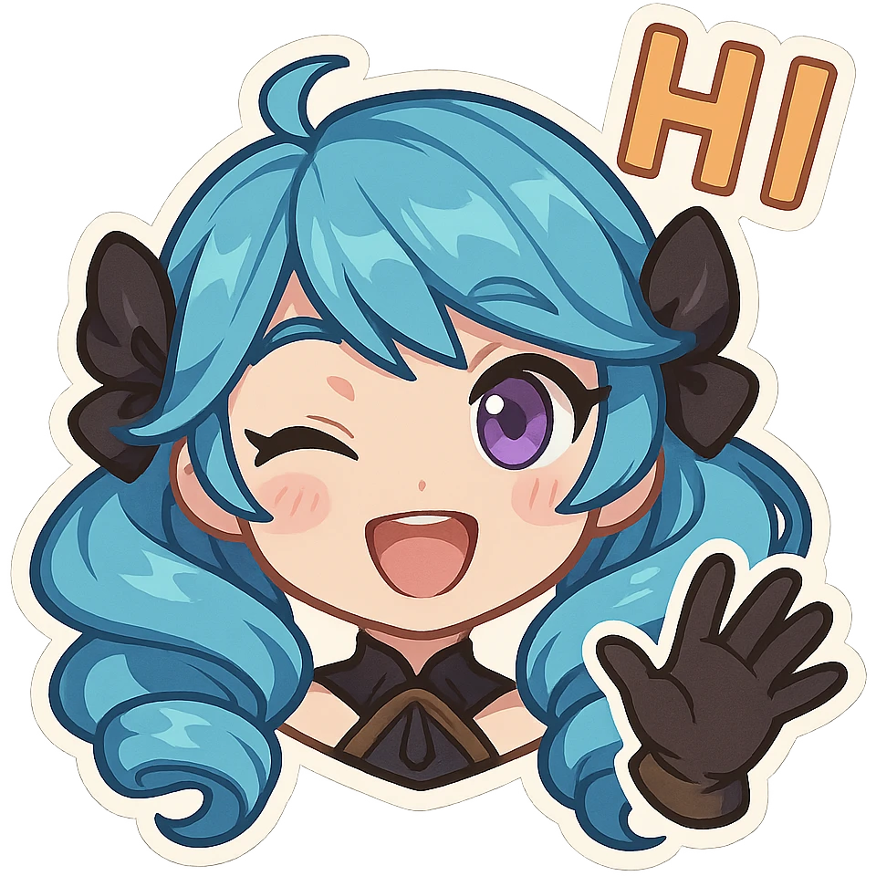Gwen from League of Legends, chibi style, only head, right eye purple, one hand waving with glove, hi emote, excited and energetic, no text emoji